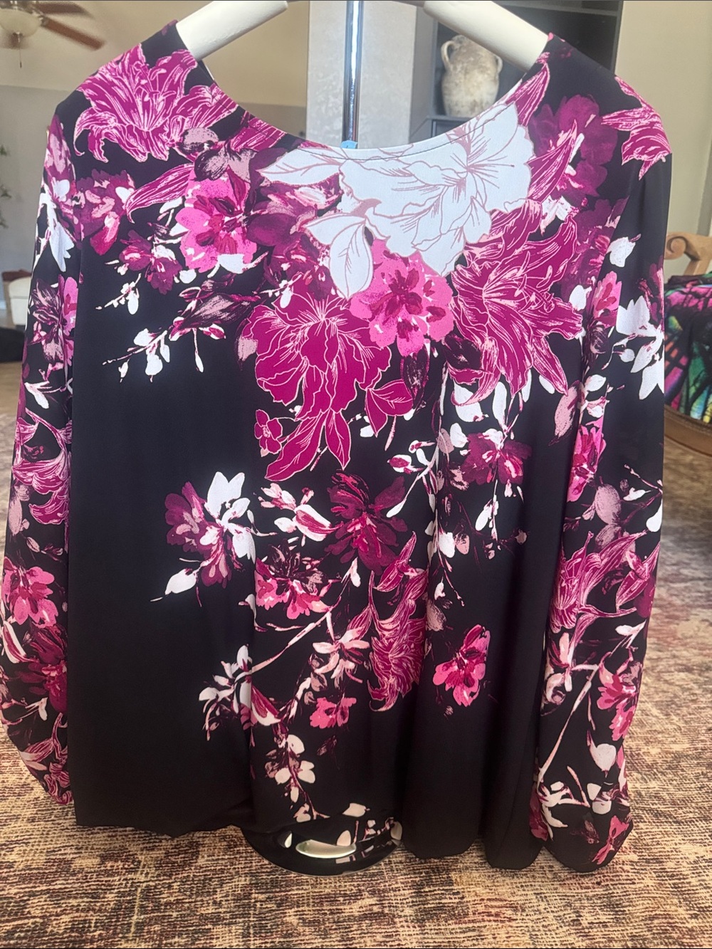 Alfani Black Long-Sleeve Top with Pink Floral Print